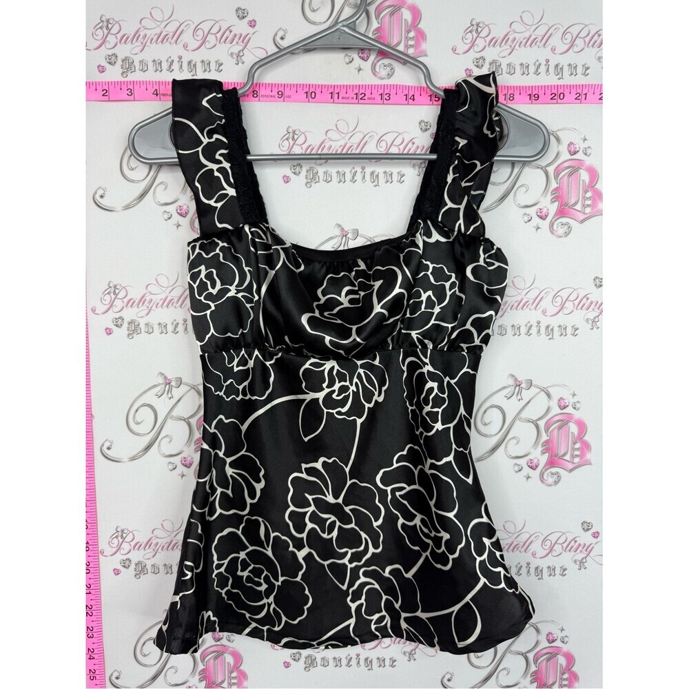 Sirens top tank Black Floral Satin Tank Top with White Outline Flowers milkmaid